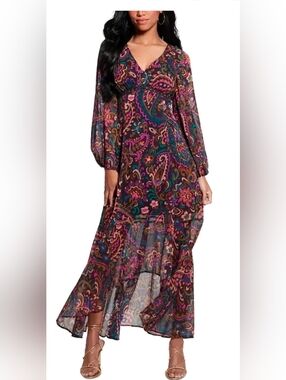 Guess V-Neck Long Sleeve Paisley High Low Maxi Dress in Multicolor NWT